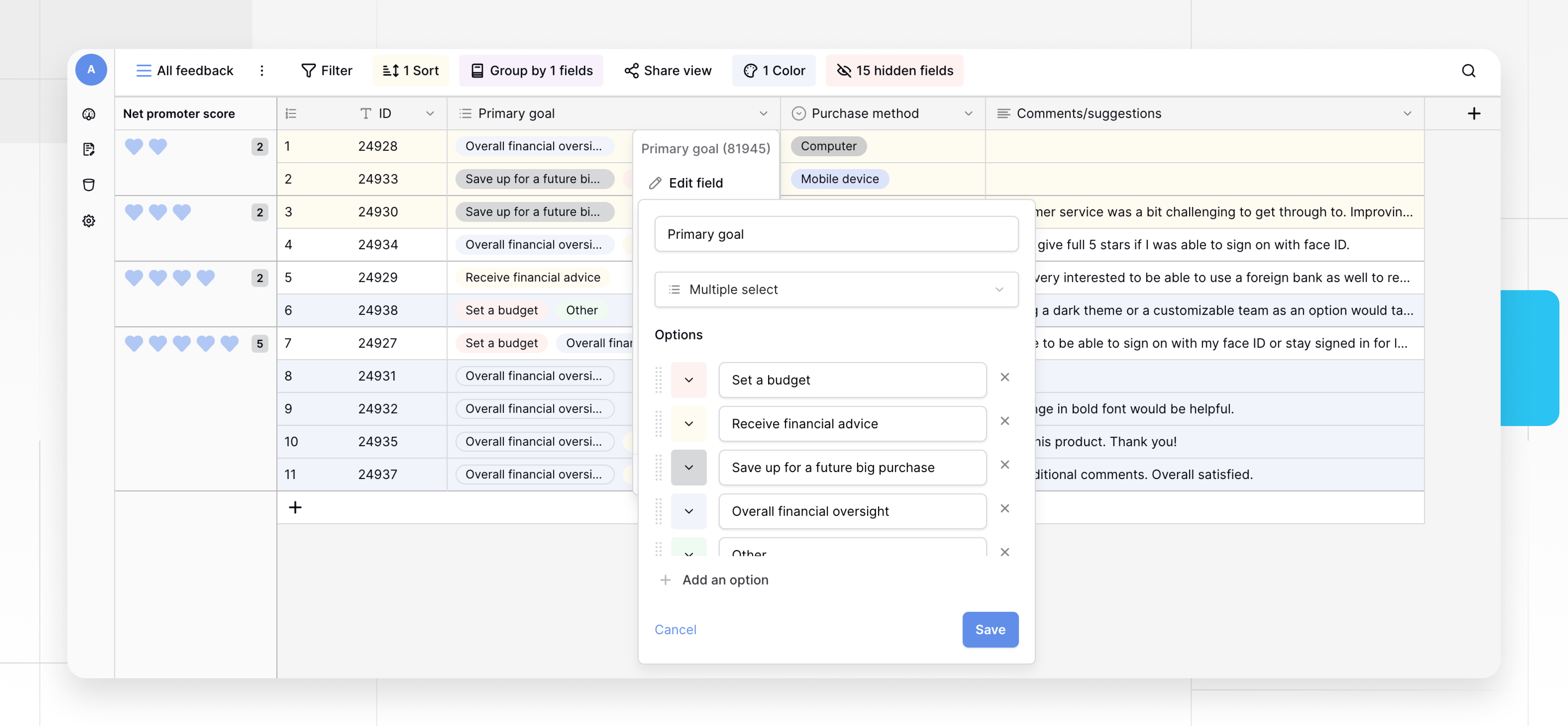 Configure table structure in Baserow
