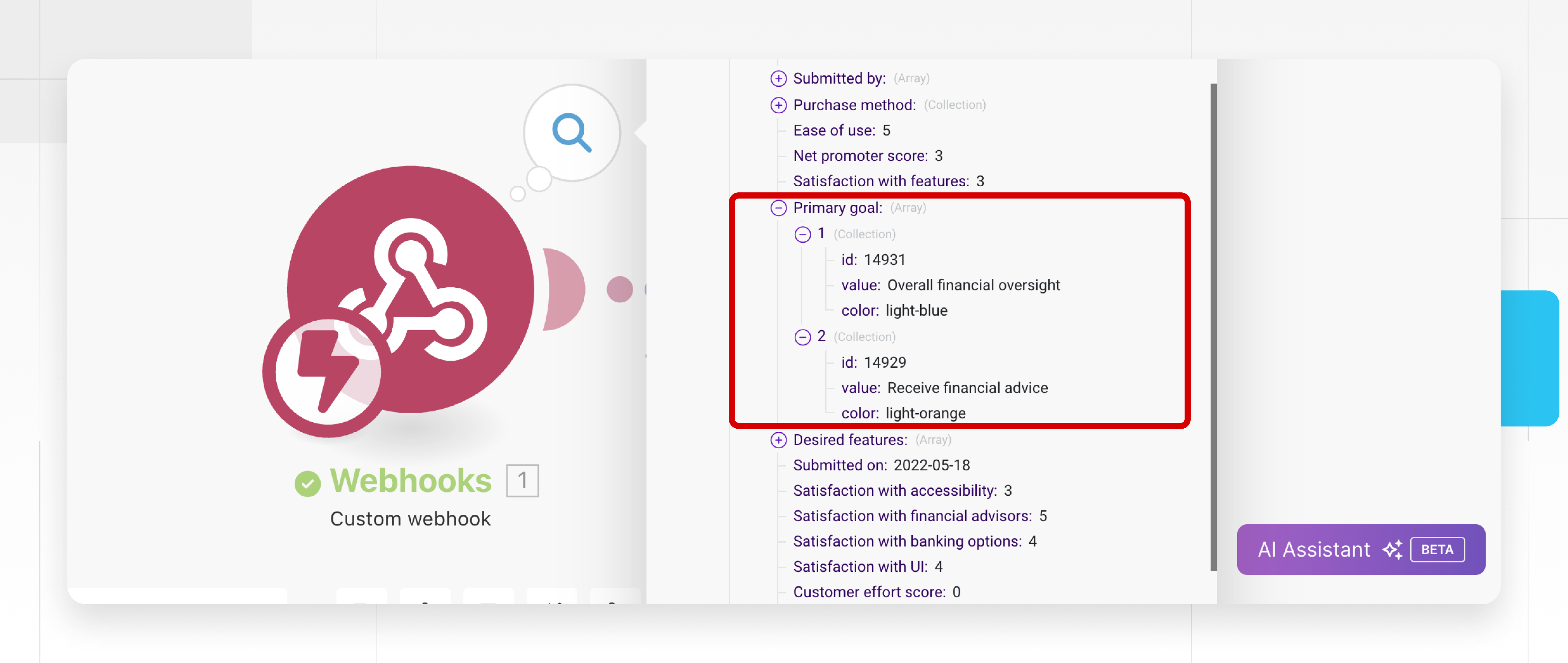 Results of the scenario run with array in baserow