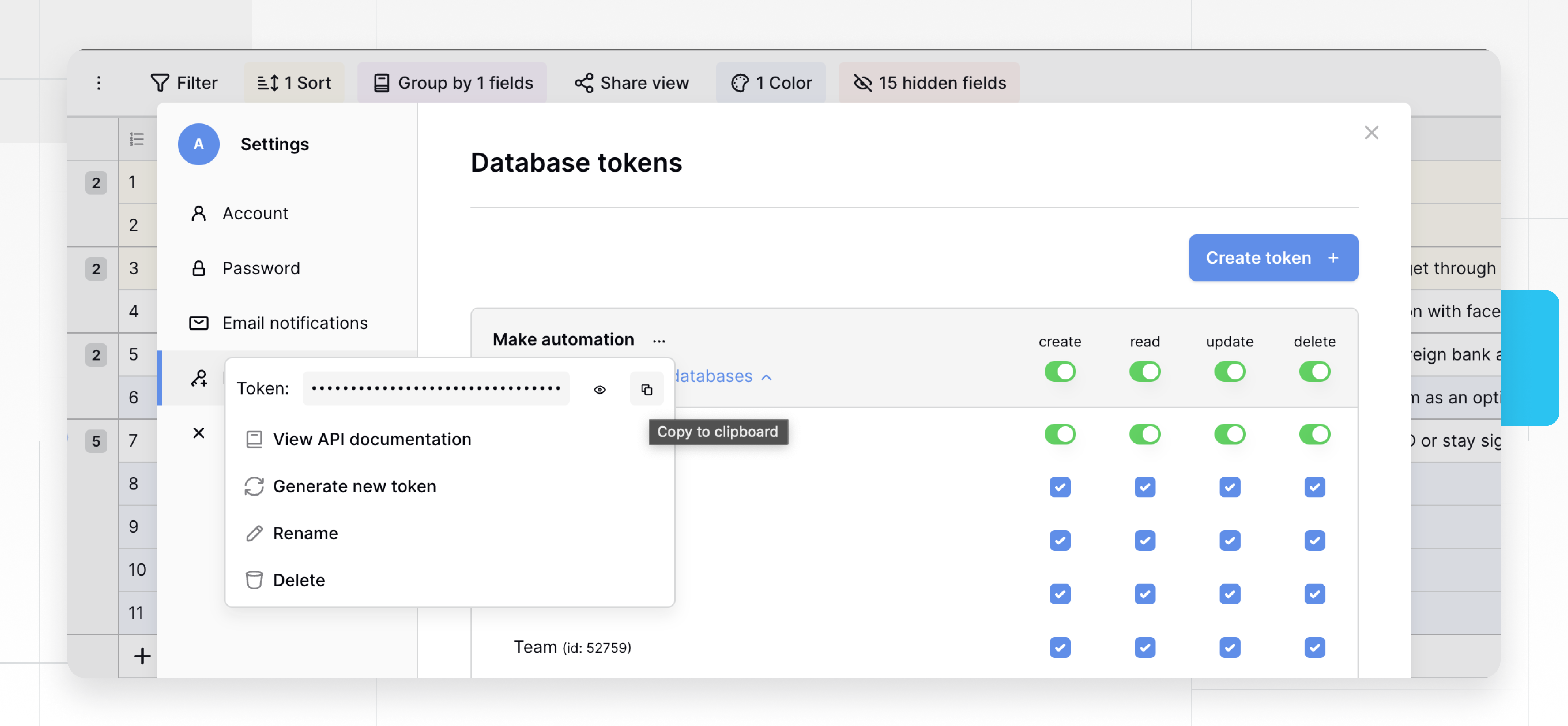 Create a database token in Baserow